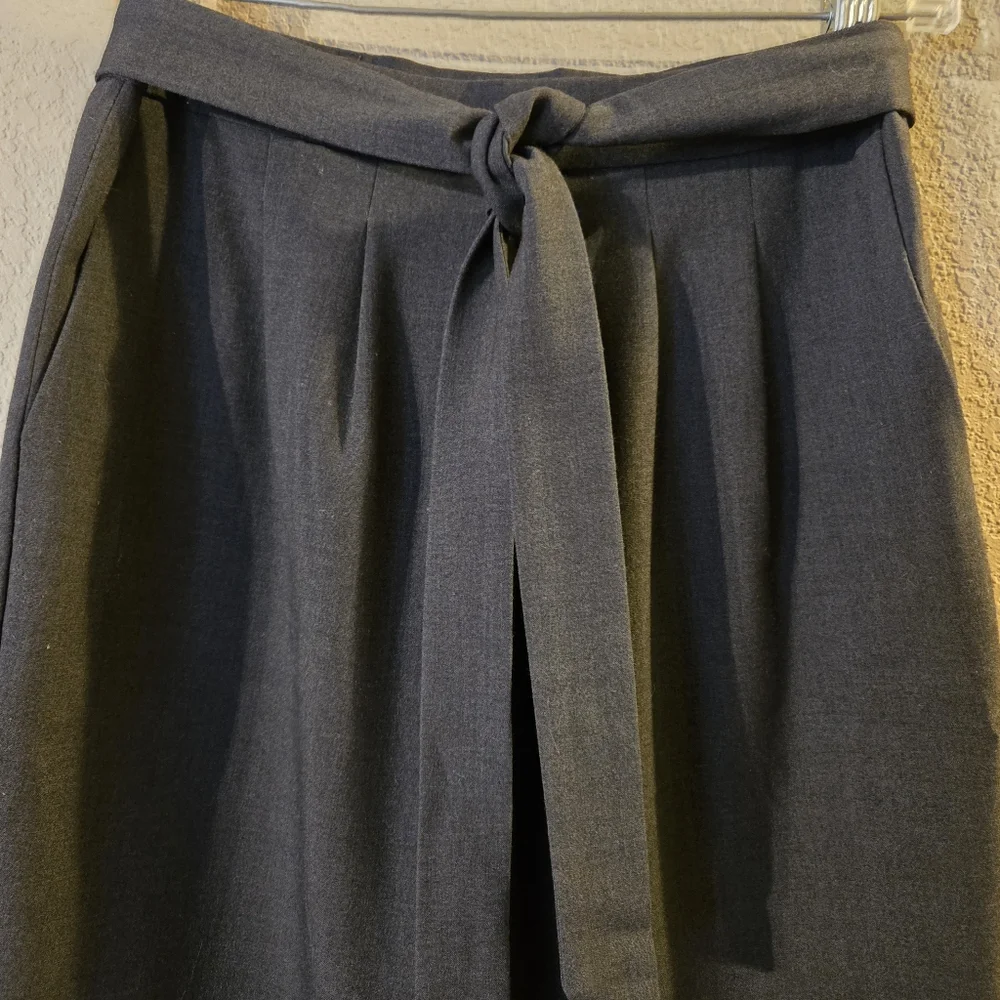 Ann Taylor Petite Womens Dark Gray Lined Pleated Skirt Tie Belt Pockets Size 4P